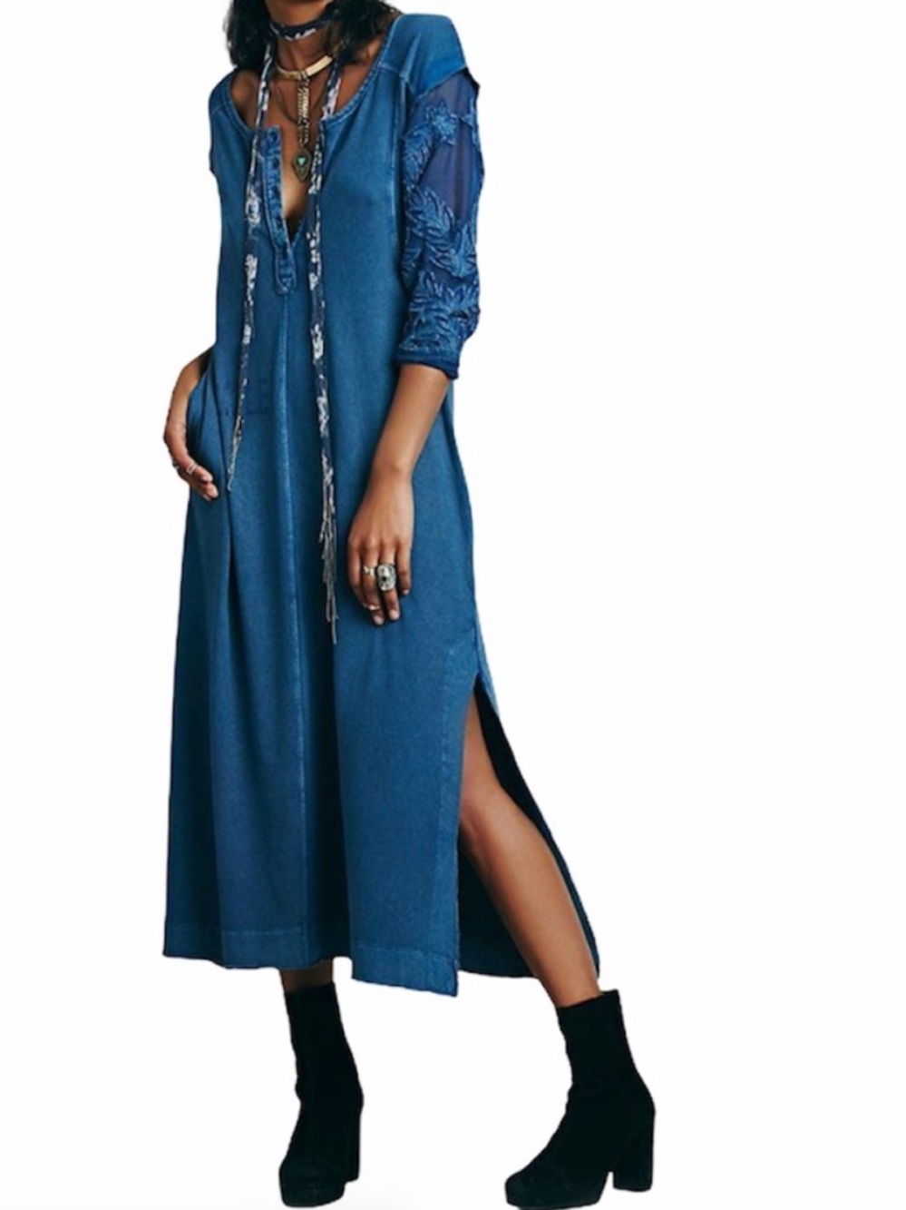 Free People New Romantics Scouting Day Maxi Dress Dusty Slate Blue Womens M Boho